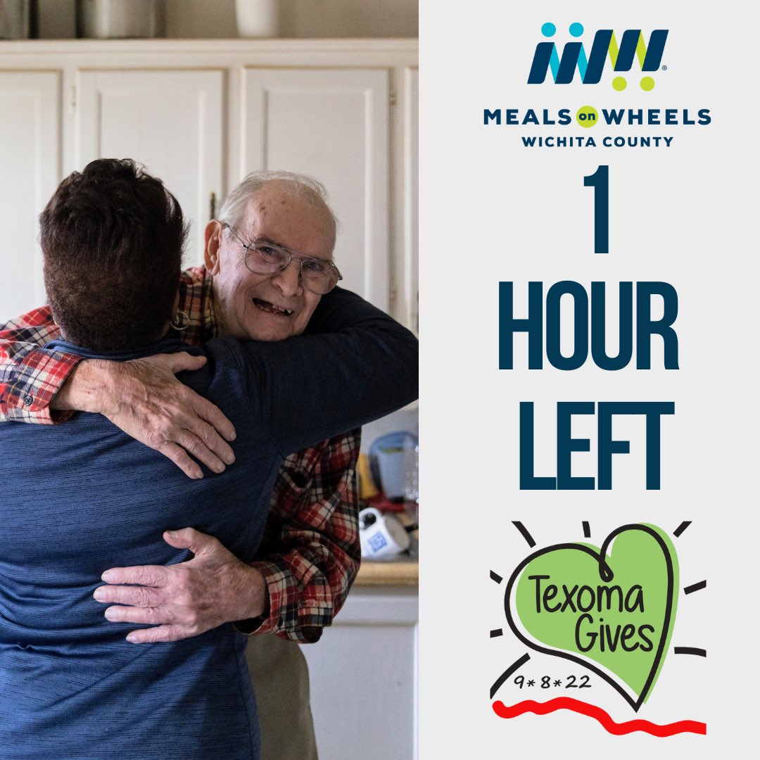 ONE HOUR LEFT for Texoma Gives!! 

It’s not too late to donate, visit texomagives.org/organizations/… 

Meals on Wheels Wichita County is vital to the seniors, home bound and disabled in our community! 

#texomagives