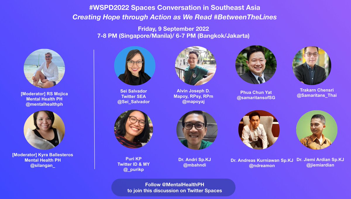 samaritansofsg's tweet photo. Join SOS in our Spaces chat tonight at 7pm (SGT) with @Samaritans_Thai, @IntoTheLightID, and @mentalhealthph as part of #WorldSuicidePreventionDay, to learn how to read #BetweenTheLines and support individuals in distress.  

https://t.co/5wziuf84CC https://t.co/sRmVvyk3Zw