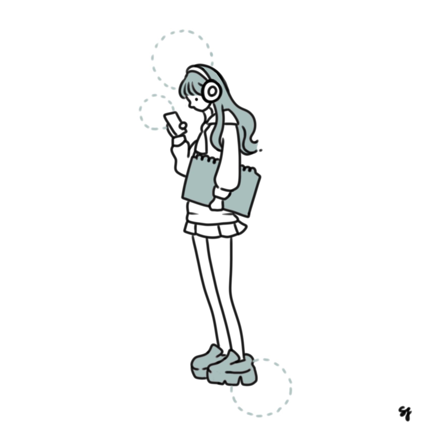しおん スケッチブックを片手に Traveling With Your Sketchbook イラスト 絵 デジタルイラスト おえかき スニーカー ヘッドホン女子 制服 女子高生 おしゃれ Illustration Drawing Degitalart Art Sneakers Uniform Jk Headphones
