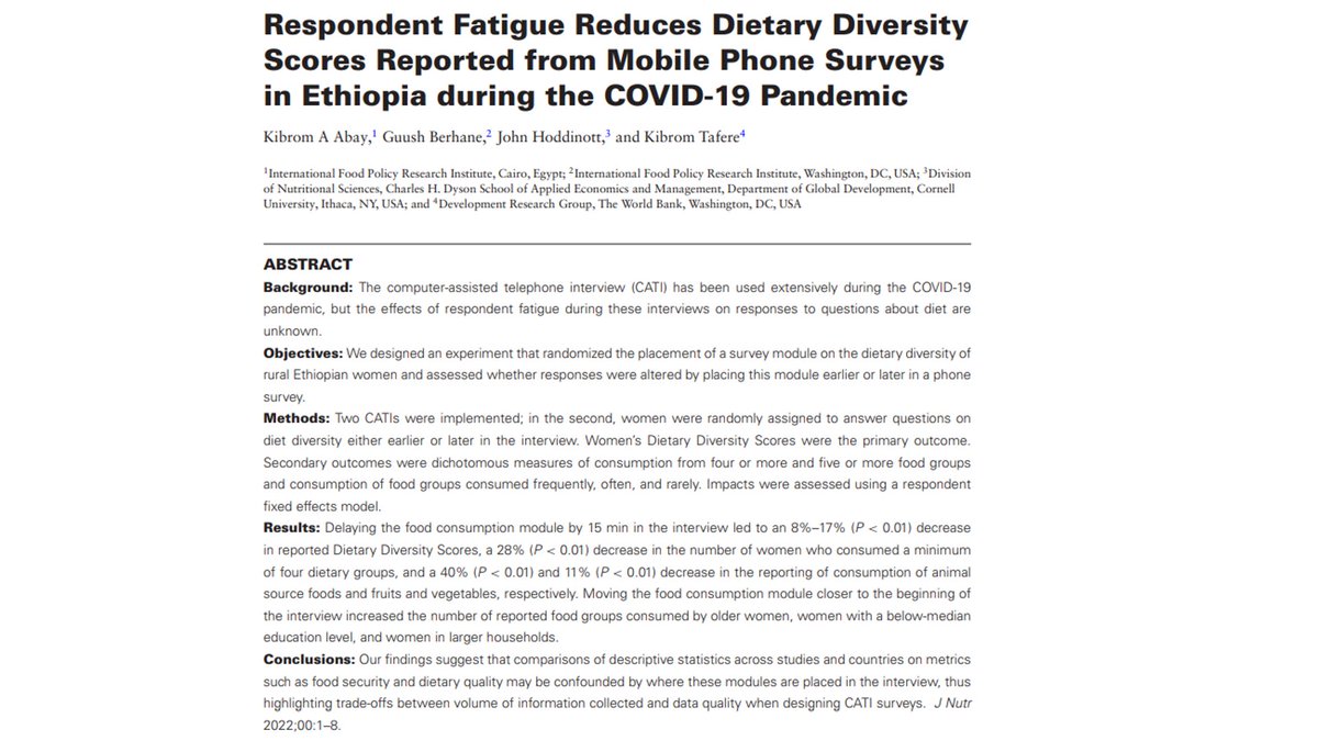 Low dietary diversity among respondents to your survey? Maybe you asked about it too late! academic.oup.com/jn/advance-art…  Asking 15 minutes later in Ethiopia led to a big drop in some measures of dietary diversity.