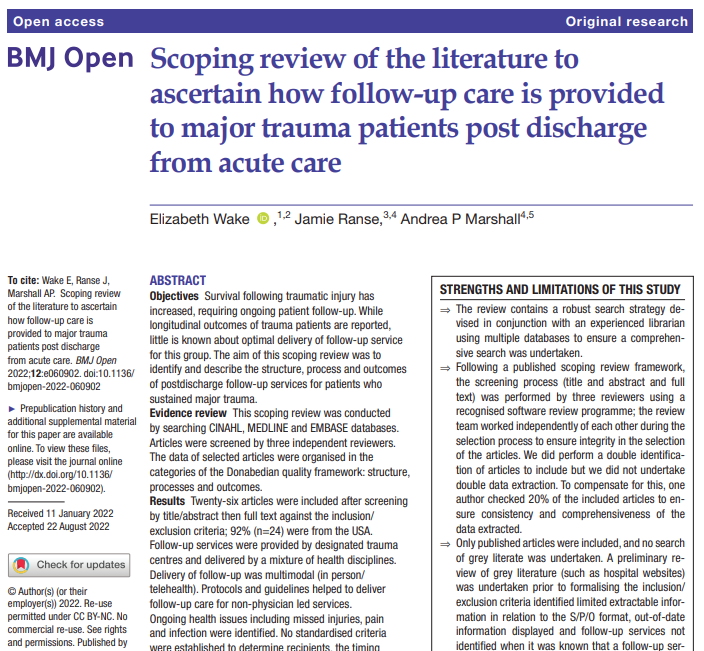 Jamie Ranse (@jamieranse) on Twitter photo Important work published today, led by <a href="/lizrahilly1/">liz rahilly (wake)</a> on follow-up care to major #trauma patients post-discharge from acute care.
bmjopen.bmj.com/content/12/9/e…
<a href="/GriffithNursing/">Griffith University Nursing & Midwifery</a> <a href="/GC_Health/">Gold Coast Health</a> @MenziesHealth <a href="/AndreaM_au/">Andrea Marshall</a> Important work published today, led by <a href="/lizrahilly1/">liz rahilly (wake)</a> on follow-up care to major #trauma patients post-discharge from acute care.
bmjopen.bmj.com/content/12/9/e…
<a href="/GriffithNursing/">Griffith University Nursing & Midwifery</a> <a href="/GC_Health/">Gold Coast Health</a> @MenziesHealth <a href="/AndreaM_au/">Andrea Marshall</a>