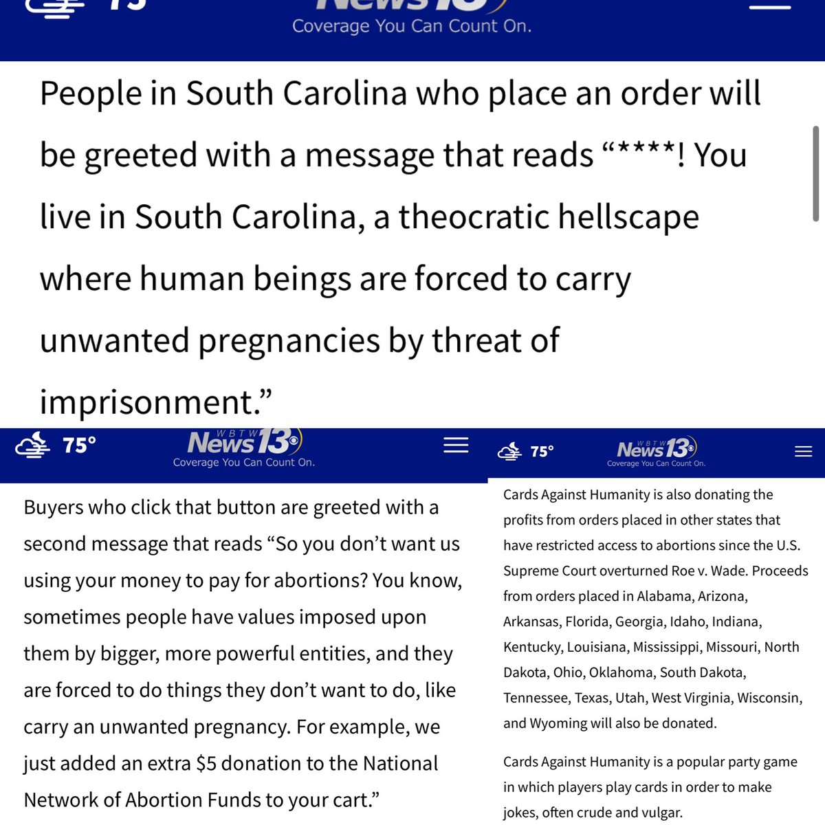 TheTNHoller's tweet photo. 🔥 NO LIES TOLD: If you order @CAH Cards Against Humanity in states like ours you get a message calling it “a theocratic hellscape where humans are forced to carry unwanted pregnancies by threat of imprisonment” — and they donate to abortion funds here. https://t.co/QwqWRUgA5a https://t.co/idB8VqfciA