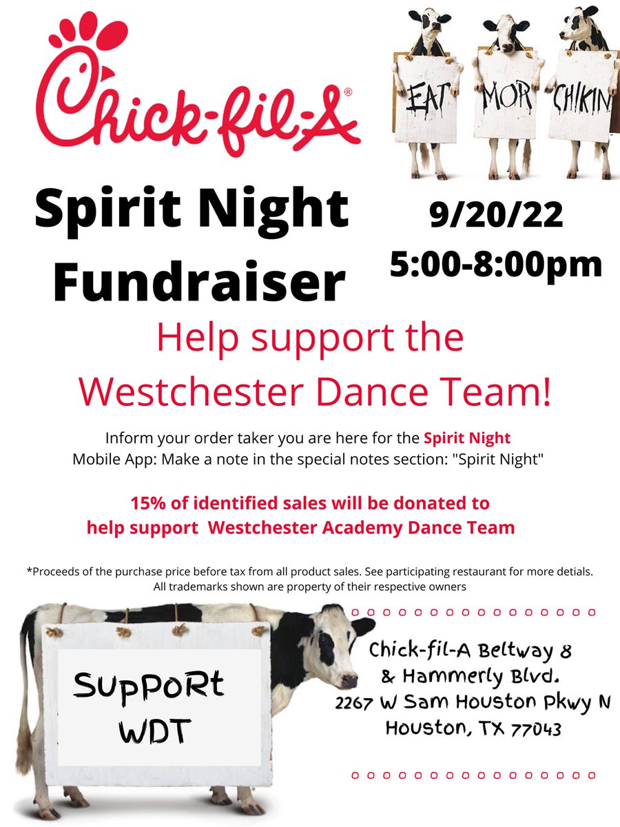 wais_pta's tweet photo. Winner, winner, chicken dinner!  No need to cook on Tuesday, September 20, because the WAIS Dance Team has a spirit night fundraiser at Chick-Fil-A (Beltway &amp; Hammerly). https://t.co/e0swMsSjSA