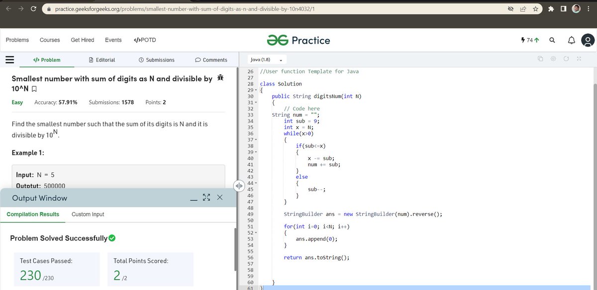 Sidheswar2001's tweet photo. Hey Folks!
Day 23/30 of #30Daysofcode 
I solved the POTD: Smallest number with sum of digits as N and divisible by 10^N.
@scaler_official
#codewithscaler #scalerlearning 
#scalerdiscord #scaler 
My partner for this Challenge is 
@Kaushik080101 . https://t.co/bQ26LjiA5L