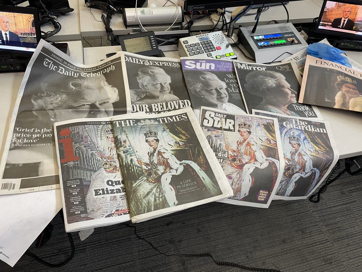 Preparing the newspaper review for <a href="/BBCr4today/">BBC Radio 4 Today</a>. The Queen’s coronation and a portrait of her released yesterday to announce her death dominate the front pages