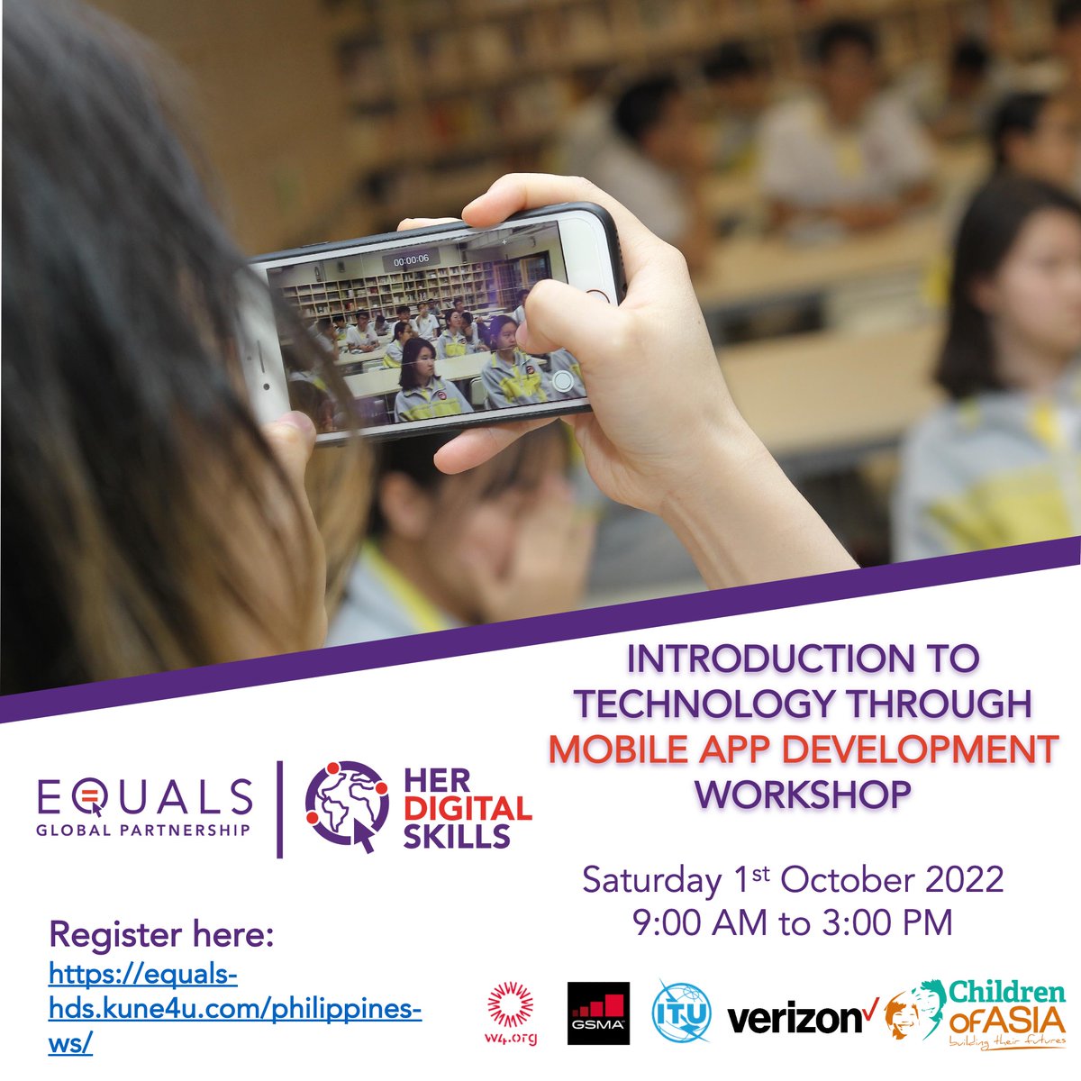 ITUAsiaPacific's tweet photo. Delighted to announce that the @equals #HerDigitalSkills workshop is organised by @GSMA, @WomensW4, @ITU, @Verizon, &amp; #ChildrenofAsia in the Philippines. 

📆 1 October 2022
⏰ 09:00 Philippines time
🎫 Virtual for girls &amp; young women

REGISTER NOW!👉🏽https://t.co/qqO7VzDZX4 https://t.co/F3syi4WjAx