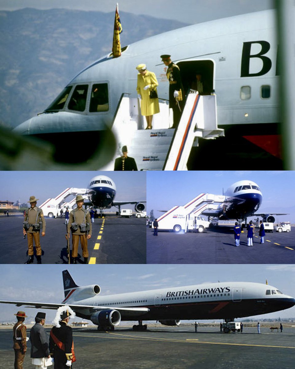 NepalAviation's tweet photo. RIP Queen Elizabeth II. The Queen and Duke of Edinburgh were hosted by King Birendra and Queen Aishwarya on their 4-day State Visit to Nepal in 1986. Photo Courtesy - Getty Images #queenelizabethII #vnkt #britishairways #lockheed #tristar #aviationnepalvintage #aviationnepal https://t.co/AwE0ATIDmR