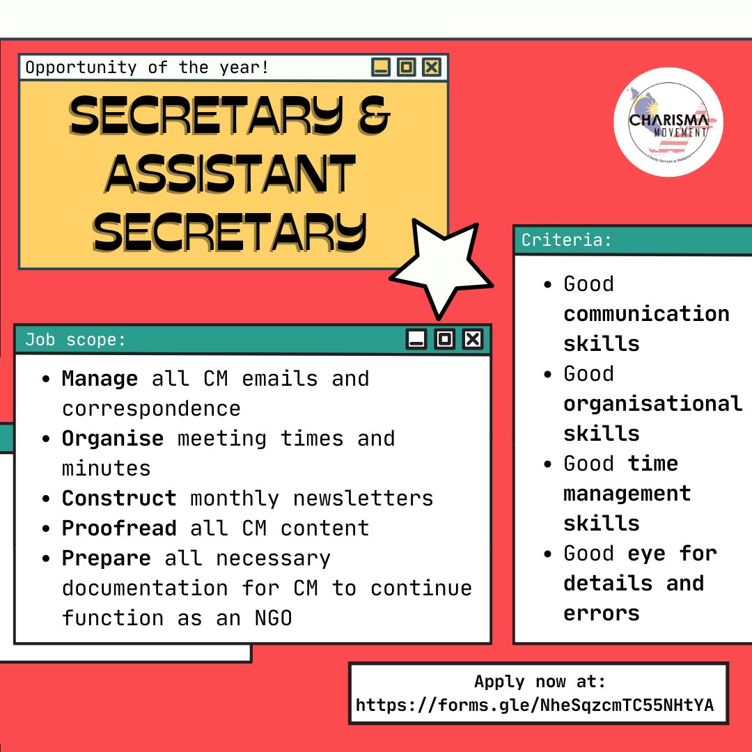 CharismaMVMT's tweet photo. Recruitment season is finally here again! We are 🤩 looking for driven and passionate individuals for our 22/23 committee!
Apply now at: https://t.co/AMa3711GdF
#volunteer #YouthVolunteer #teamcharisma #CharismaMovement #recruitment #charityrecruitment #hiring https://t.co/lBJLWh0PaJ