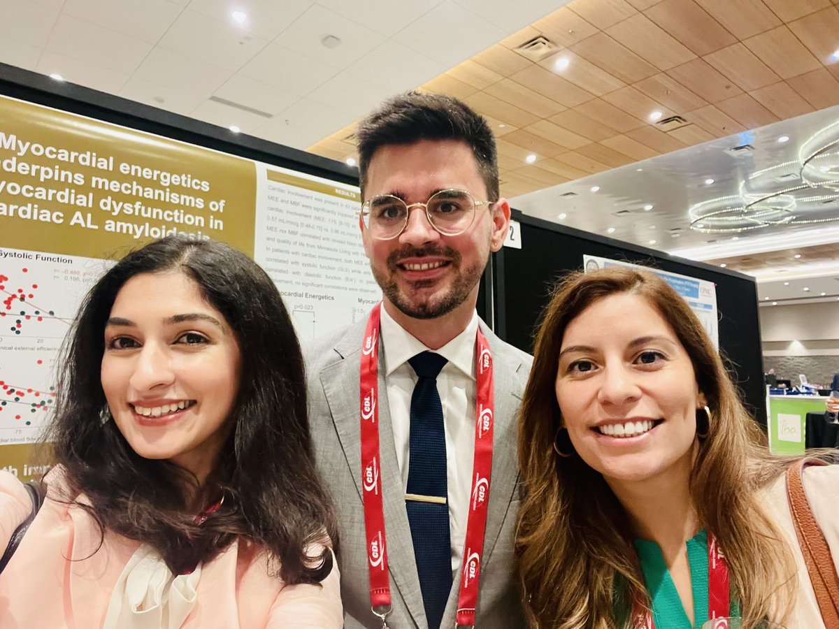 AnamWaheed05's tweet photo. With #futureleaders @domcbenz @DMLopez5 at the poster session, where my wonderful friend and colleague @domcbenz outlines the different mechanisms of systolic and diastolic dysfunction in AL cardiac amyloidosis as shown by #YesPET  @MyASNC #CVNuc https://t.co/TrYAG4zzQm