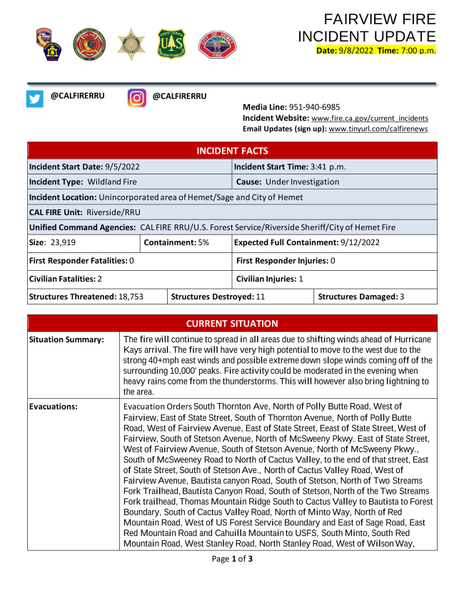 CALFIRERRU's tweet image. Fairview Fire Evening Incident Update 9/8/22
conta.cc/3TUtvn8