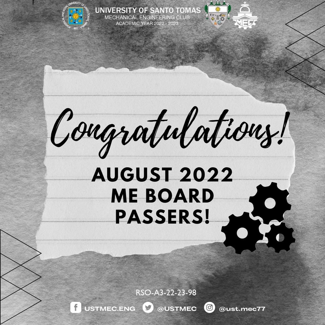 USTMEC's tweet photo. 1/10
Mga ka-Barangay!
Let us congratulate our 109 new Mechanical Engineers posting a passing rate of 55.90-percent in the August 2022 Mechanical Engineering Board Exams.  
Your perseverance and hard work have paid off. Now we look forward to achieving your goals - https://t.co/IFGiCEvPK5