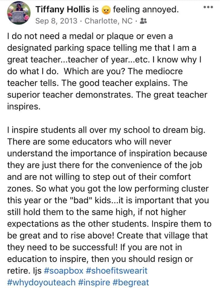 DrTiffanyHolli1's tweet photo. I shared this nine years ago! Some people are new to this, but I have always been true to this. Long before the titles, I knew my why. If you are in teaching at any level for the wrong reason, please resign or retire. ๐ฎโ๐จ#assetbased #whydoyouteach https://t.co/OhhaYY43Cq
