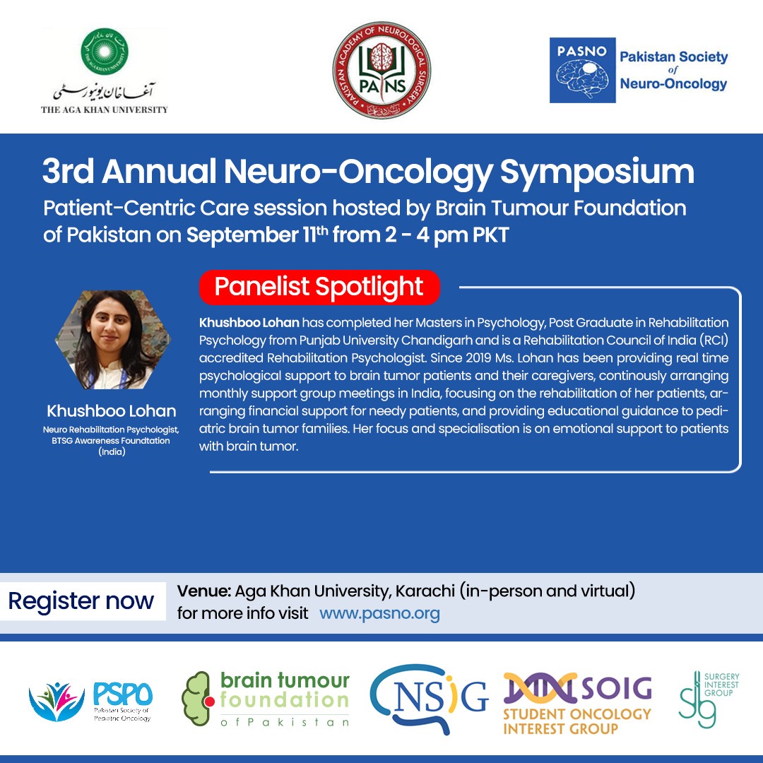 braintumourpk's tweet photo. It's a pleasure to reveal our panelist Khushboo Lohan  in the upcoming 3rd Annual Neuro-Oncology Symposium!

Register at: https://t.co/gl6V0wIRi9

#3ANOS @AwarenessBtsg @BTNcares
@SKMCH @BrainTumourFdn
@NeurosurgUCS @ahsankhan_neuro @MushtaqNaureen @AtherEnam @PASNO_Group https://t.co/2239axBStj