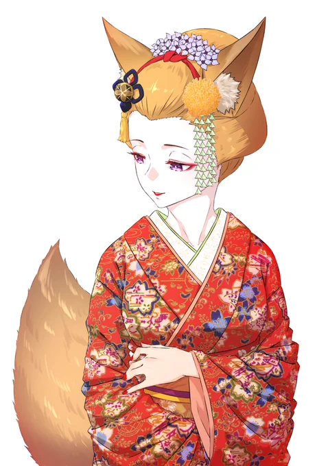 雑談配信で話題に上がった舞妓こくりちゃん紅を刺した※描くにあたって少し調べたら 舞妓さんの髪飾りは月によって変わるみたいです これはそのルールには則っとらず こくりちゃんのイメージに合わせてます#こくり絵巻 