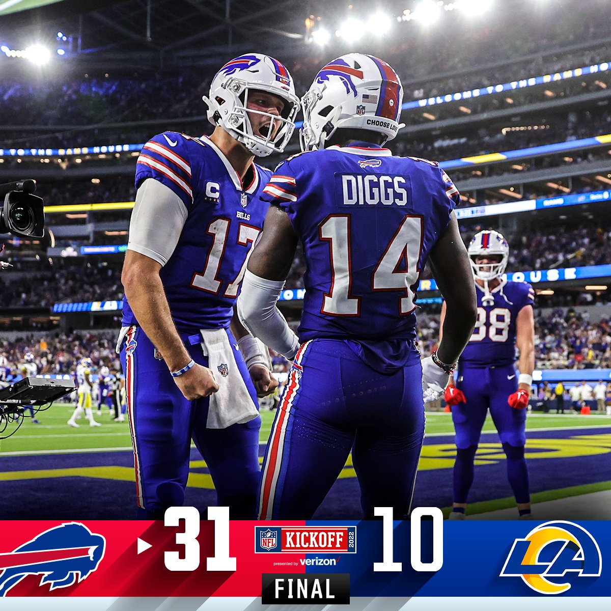NFL's tweet image. FINAL: @JoshAllenQB's four total TDs lead the @BuffaloBills to victory in #Kickoff2022! #BUFvsLAR #BillsMafia