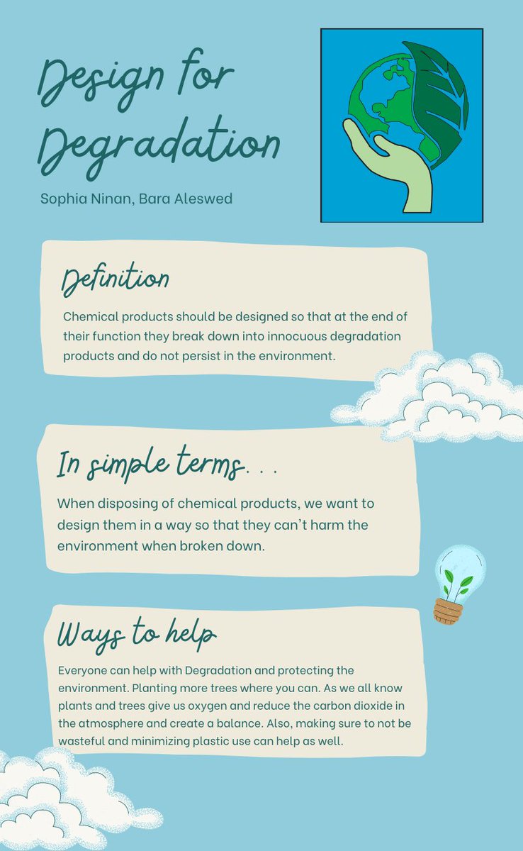 Learning about Design for Degradation, a principle of #greenchemistry in <a href="/thehaleyarroyo/">Haley Bilbray</a>'s class! <a href="/AleswedBara/">Bara Aleswed</a> and I created this visual to show how chemical products shouldn't be harmful to the environment! #NTHCinspire #NewTechGoesGreen