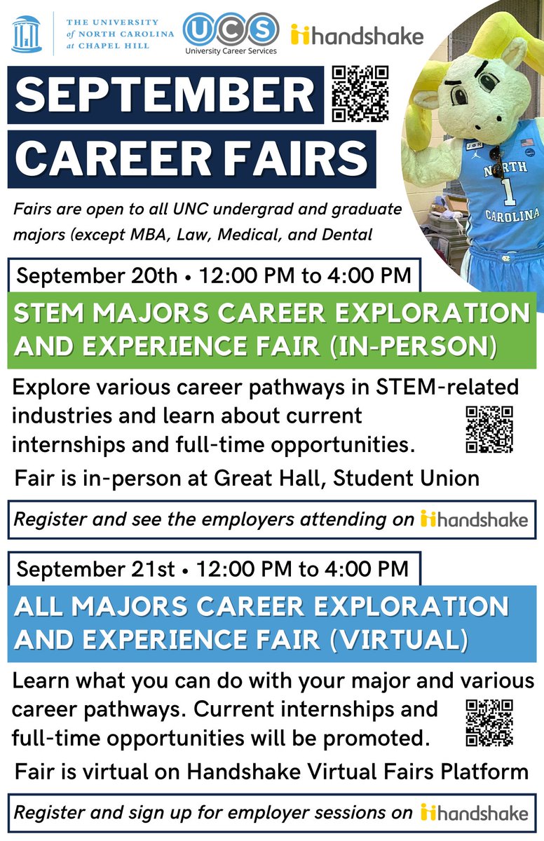 Registration is open for the STEM and All Majors Career Fairs! Start exploring or applying to job opportunities today with the companies signed up.

Just log in to Handshake with your onyen, register for the events, and connect with employers: app.joinhandshake.com/stu/events
