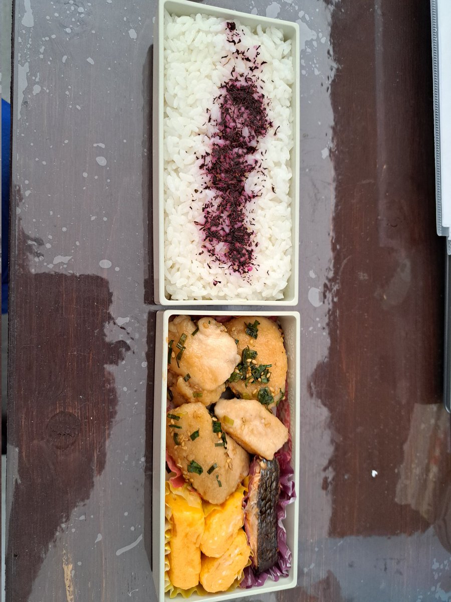 hidekithi8877's tweet photo. お昼ですよ。今日のサラメシは鳥のニラだれ炒め&amp;焼き鮭弁当。
卵焼きは甘い派なのです(笑)
ご馳走さまでした。感謝！🍴🙏
#サラメシ
#愛妻弁当
#手作り弁当
#いつもありがとう
#卵焼きは甘い派 https://t.co/9Xf1yP2OHX