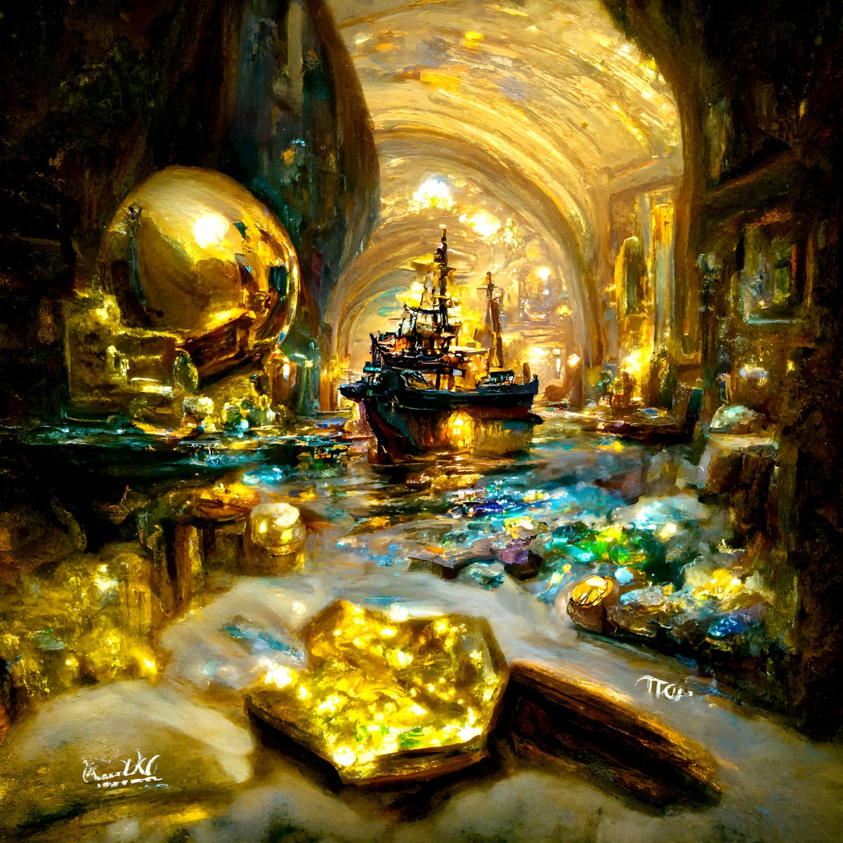 0xChrisNFT's tweet photo. This AI-generated art piece by @flufworld  Thingies is by far my favorite so far. The AI even came up with the name, "The Abundance". 

Pirate ship in the middle, assuming with treasure, surrounded by gold in some sort of palace. Truly amazing AI art. https://t.co/CDzjeACdD5