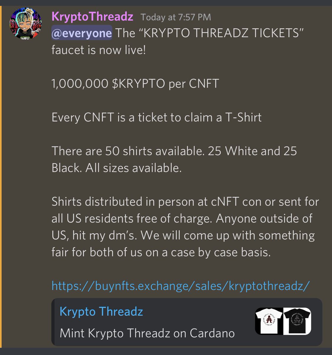 KryptoThreadz's tweet photo. 1 #CNFT = 1 #KryptoThreadz β³ Tee
π₯π¨ #CNFTCommunity π¨π₯
Handed to you by yours truly @cNFTcon #LFG π
https://t.co/lsxB6UscTD https://t.co/3rYwlVLLD7
