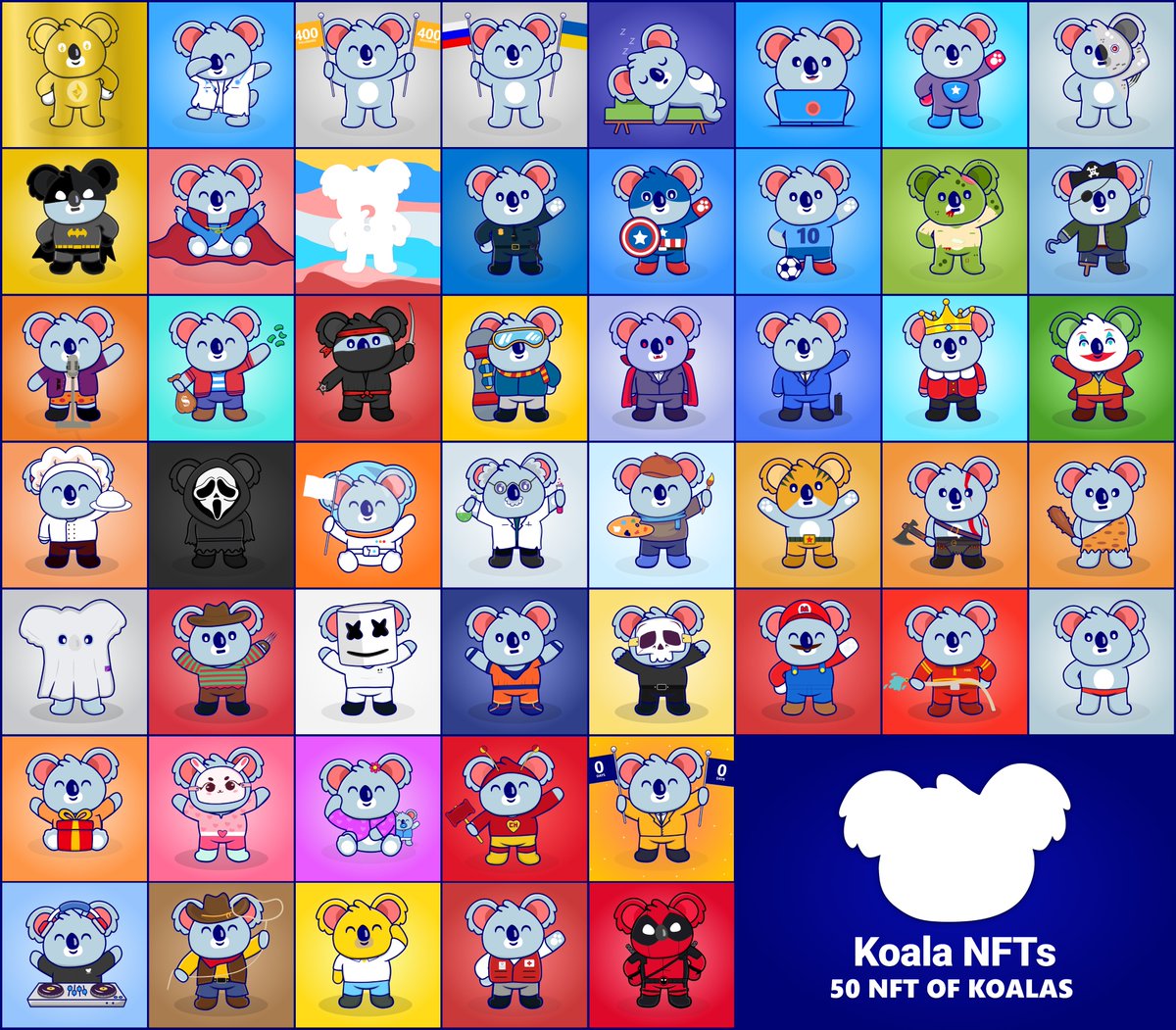 Cloost_net's tweet photo. These are our 50 NFTs from the "World of Koalas". Which one do you like the most? 🥳😍🤔

OpenSea: https://t.co/aPs9k8TqqG

#NFT #NFTs #NFTCommunity #NFTProject #nftart #nftcollector https://t.co/HmSVywg9Lk