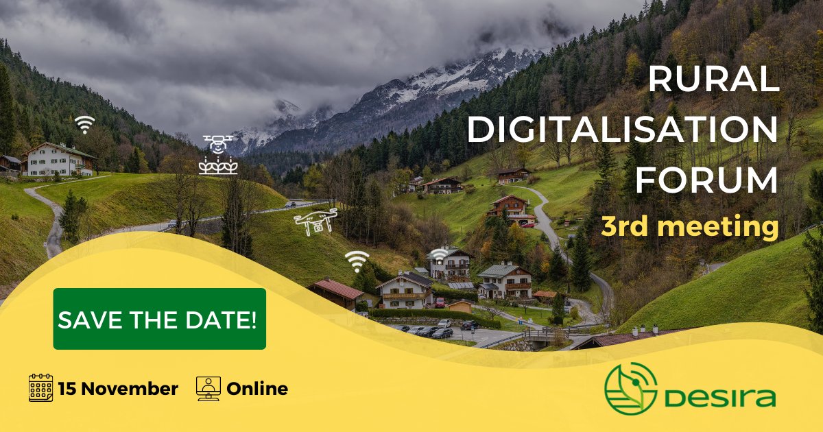 DesiraH2020's tweet photo. 🚨 The #RuralDigitalisationForum is BACK!👏
Join our next #RDFmeeting to contribute to the future of #rural 💡 #digitalisation by supporting the drafting of the #DESIRA2020 Policy Roadmap!
STAY TUNED for the updates on the event!👀 https://t.co/3jSqCeKWBD