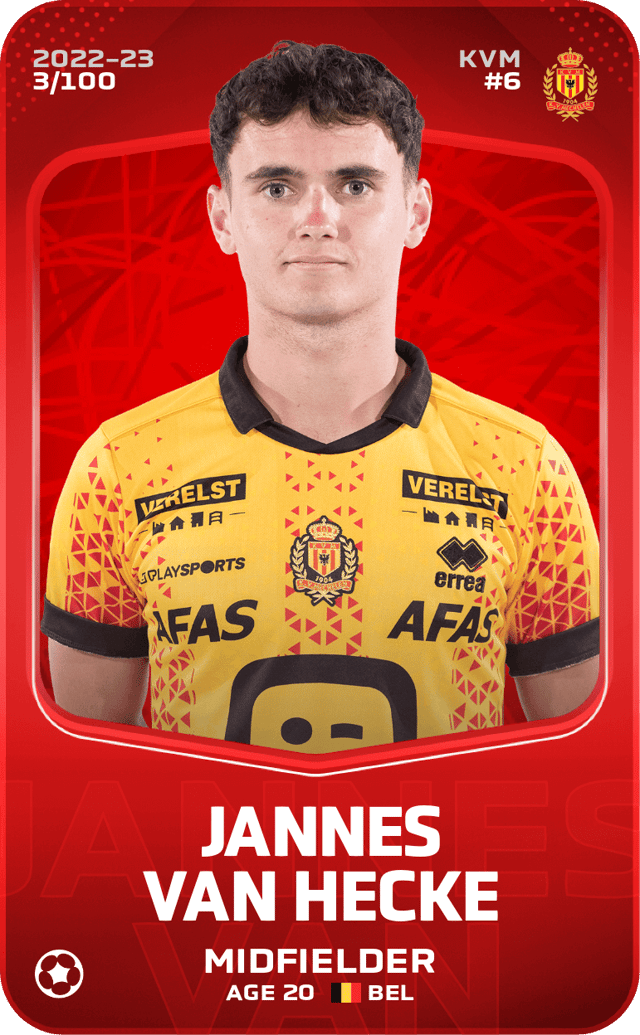 ButcherLyonsBTC's tweet photo. Heyup! 

Feeling a little generous this morning. 😉

So, I'm giving away...

🟥 Jannes Van Hecke 3/100 🟥 https://t.co/GpguI9Eq8Y 

RT + Follow before Monday 5th September (5PM) to enter.

Good luck this gameweek! #Sorare #Giveaway 

1/2 👇 https://t.co/LkeQg0dHxN