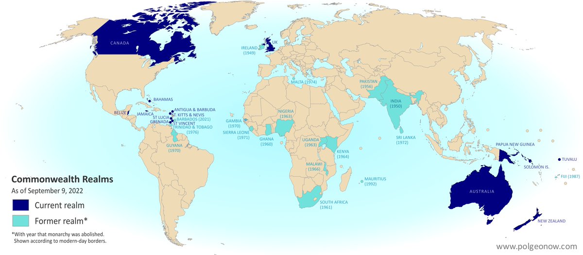 PolGeoNow's tweet photo. #QueenElizabethII has died, leaving her son #KingCharlesIII as monarch of all 15 of her independent countries. (If any part of that sentence is confusing to you, check out PolGeoNow's updated explainer: https://t.co/q5hsgXUrqN)
#CommonwealthRealms #KingCharles #geographyteacher https://t.co/hzYy4naWwP
