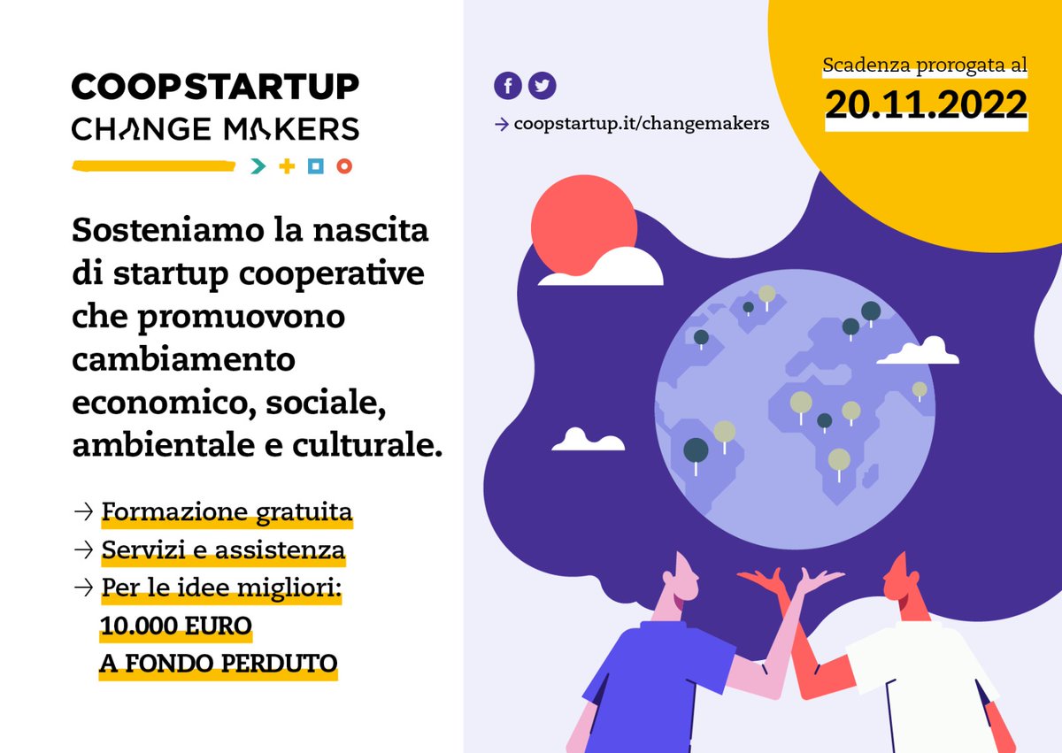 Nuova Scadenza per il bando #Coopstartup ChangeMakers
Qui tutti i dettagli: coopstartup.it/changemakers