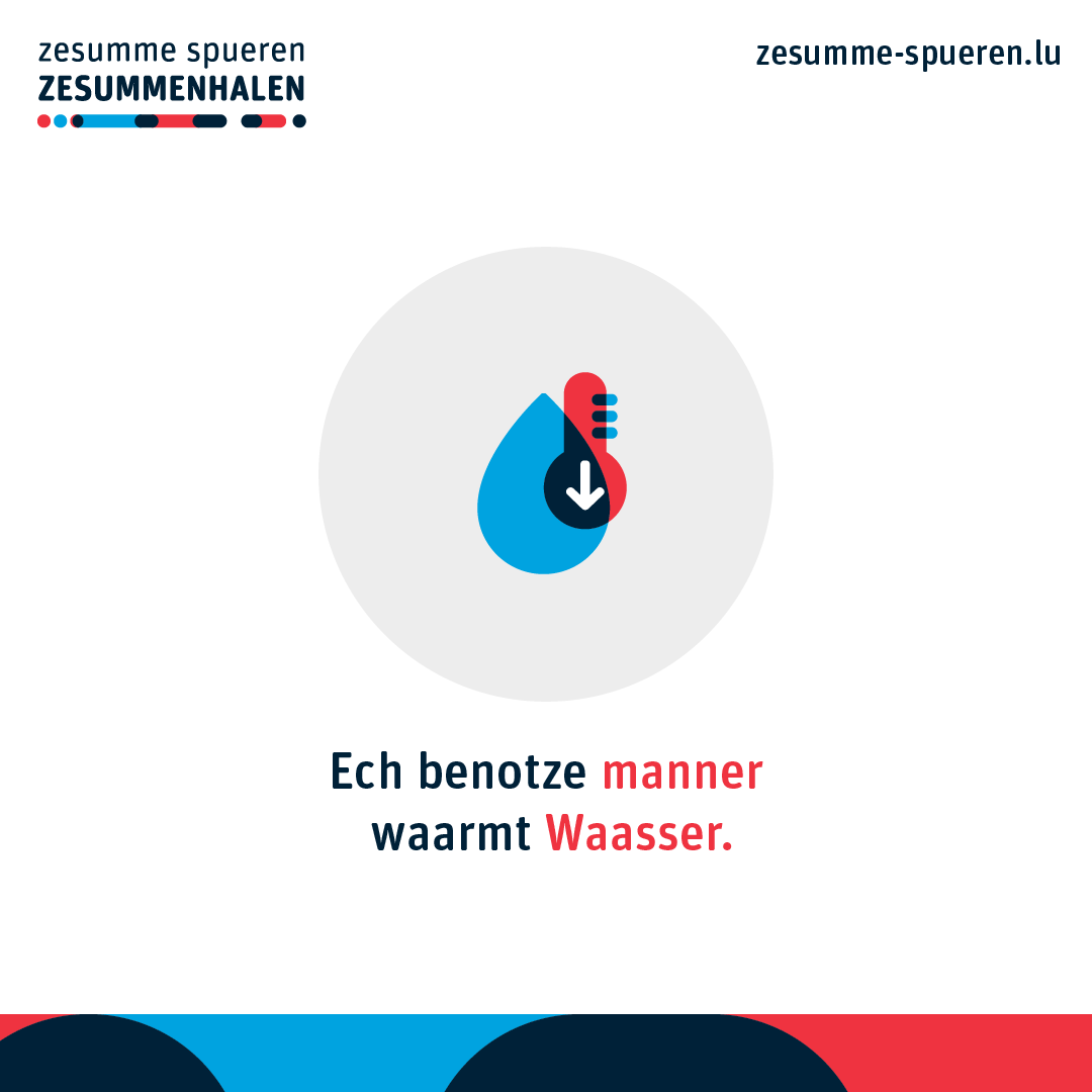LuxembourgMea's tweet photo. Fir doheem Energie ze spueren, ginn et e puer einfach Tipps:
➡️ Ech stellen d’Temperatur jee no Raum op 17-20°C.
➡️ Ech benotze manner waarmt Waasser.
➡️ Ech iwwerpréiwe meng Dauerverbraucher.
https://t.co/voT6FDtRL5
#zesummespueren #zesummenhalen #echmaachemat #energiespueren https://t.co/afDh4jxxs5