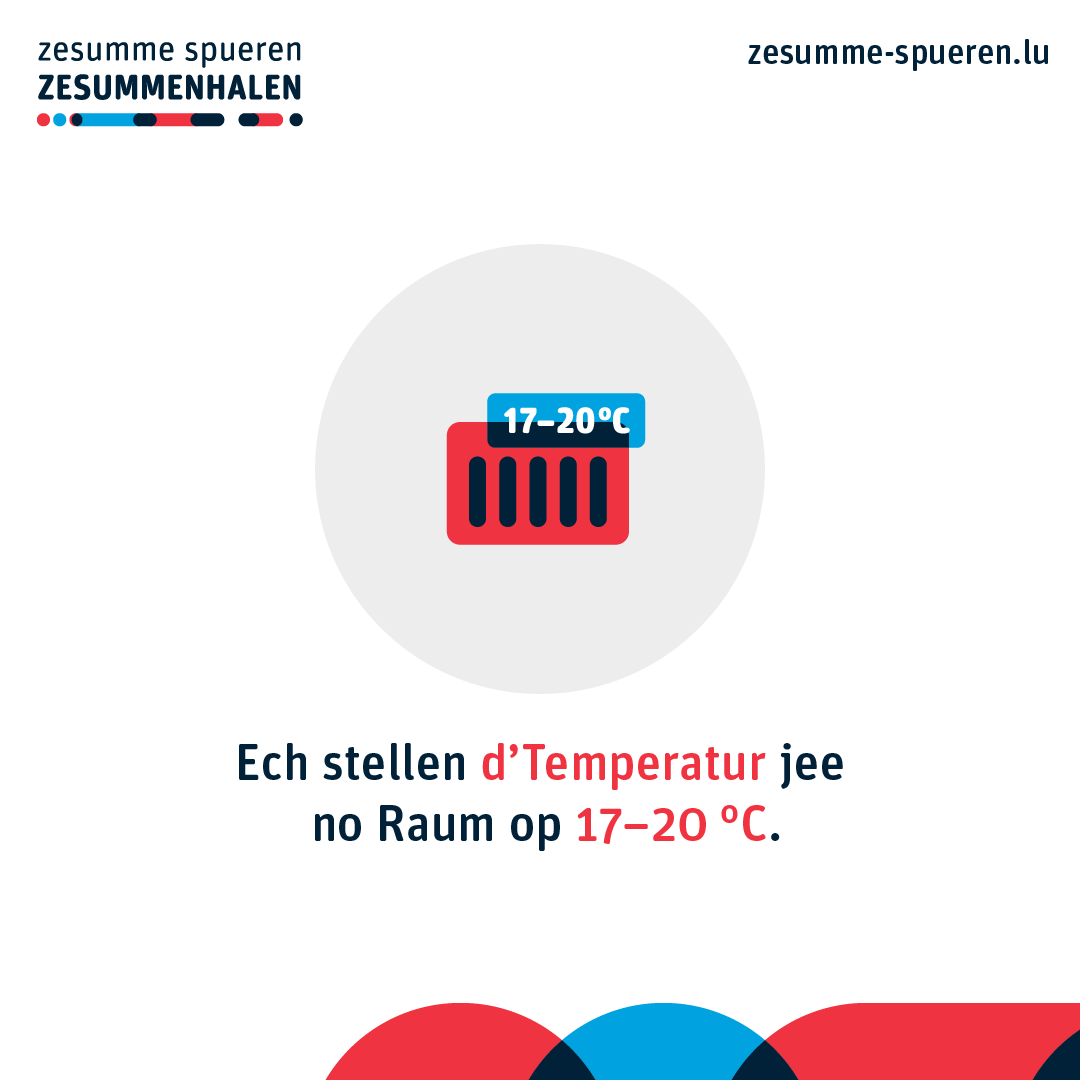 LuxembourgMea's tweet photo. Fir doheem Energie ze spueren, ginn et e puer einfach Tipps:
➡️ Ech stellen d’Temperatur jee no Raum op 17-20°C.
➡️ Ech benotze manner waarmt Waasser.
➡️ Ech iwwerpréiwe meng Dauerverbraucher.
https://t.co/voT6FDtRL5
#zesummespueren #zesummenhalen #echmaachemat #energiespueren https://t.co/afDh4jxxs5