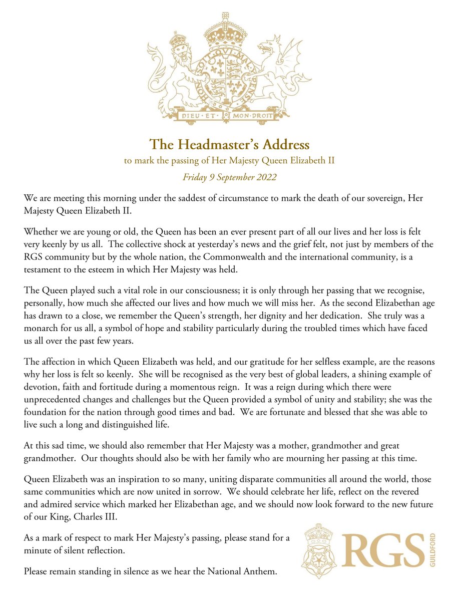 RGSGuildford's tweet photo. The Headmaster addressed in person the RGS community this morning as we united to pause and reflect on the tragic loss of Her Majesty Queen Elizabeth II. Please click here to read Dr Cox's address : https://t.co/hRL4DdapME https://t.co/nDHQgf1rX3