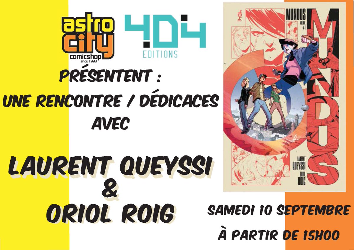 AstroCity_Lille's tweet photo. Pour la team MUNDUS c'est  J-1 !
Et ça, c'est carrément une bonne nouvelle !
AstroCity a le plaisir d'accueillir Laurent Queyssi et Oriol Roig ce samedi 10 septembre dans l'après midi !

#404comics
#nicolasbeaujouan
#LaurentQueyssi
#oriolroig https://t.co/a8GUIBU8s9