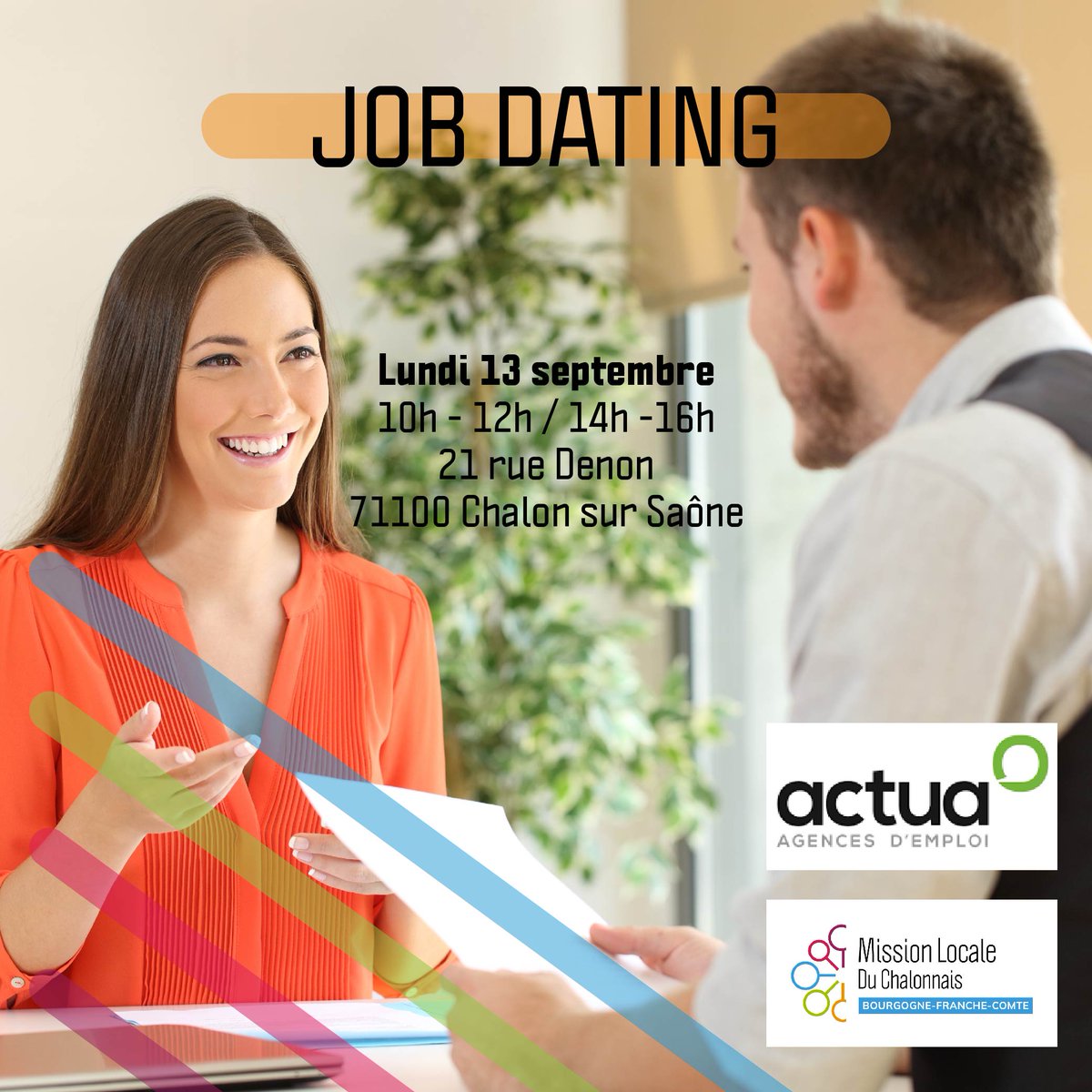 MiloChalon's tweet photo. Tu cherches un emploi ? Viens au job dating Actua, ouvert à des postes variés : cariste, plombier, menuisier...
#missionlocale #jobdating #recrutement #1625ans #CV #onrecrute #rencontre #CDD #CDI #intérim #emploi #recherchedemploi #trouverunemploi https://t.co/SQVJSZ64eq