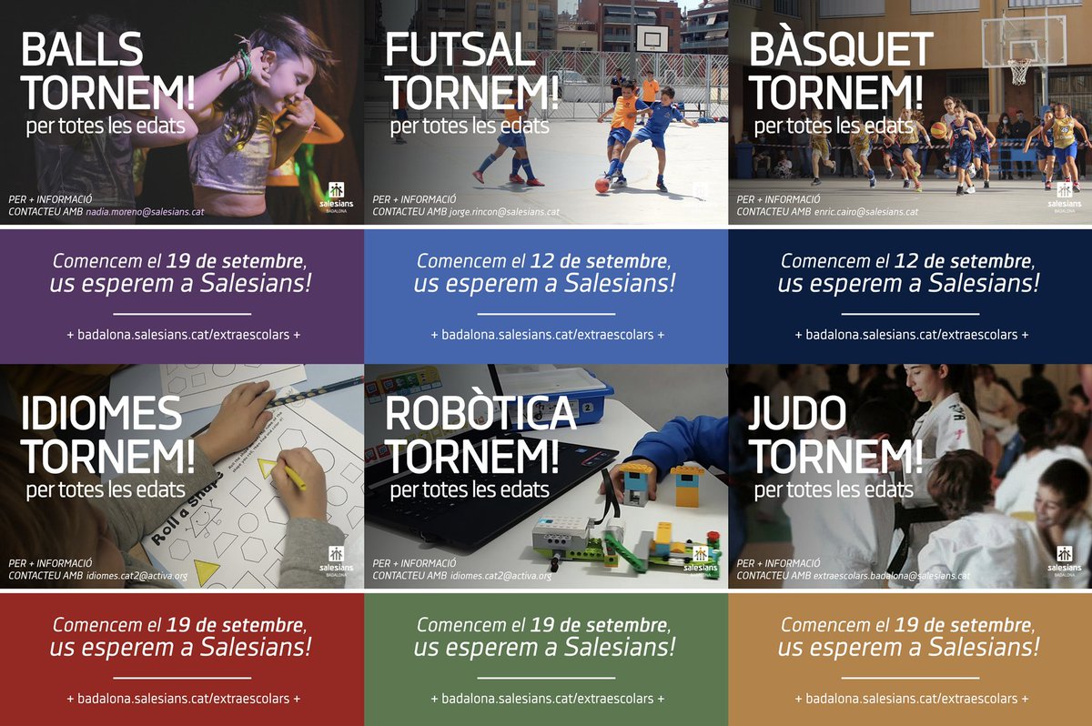 salesiansBDNext's tweet photo. 📄 | OFERTA 22-23

🗣 Les activitats esportives i extraescolars tornem! Aquesta és l'oferta a Salesians Badalona pel curs 2022-23. 

📩 Contacteu amb els coordinadors i veniu a provar les activitats esportives aquest setembre amb nosaltres! 🤍❤️💙

🔗 https://t.co/8MoICCbOzJ https://t.co/PHxk0khj99
