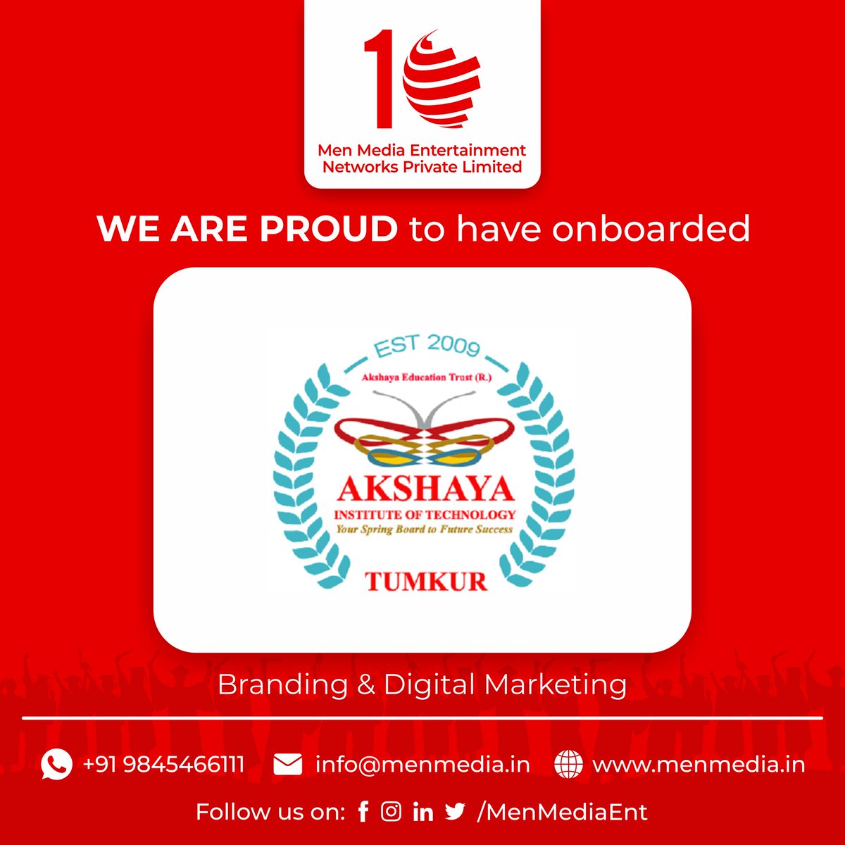 MenMedia_india's tweet photo. We have an exciting name added as our client!

Akshaya Institute of Technology,  located in Tumkur is founded by Akshaya Education Trust with Dr.Shivakumar K S as the Chairman of the Institute who is a renowned Paediatrician known for his simplicity, vision and entrepreneurship. https://t.co/kHNwxXeXgg