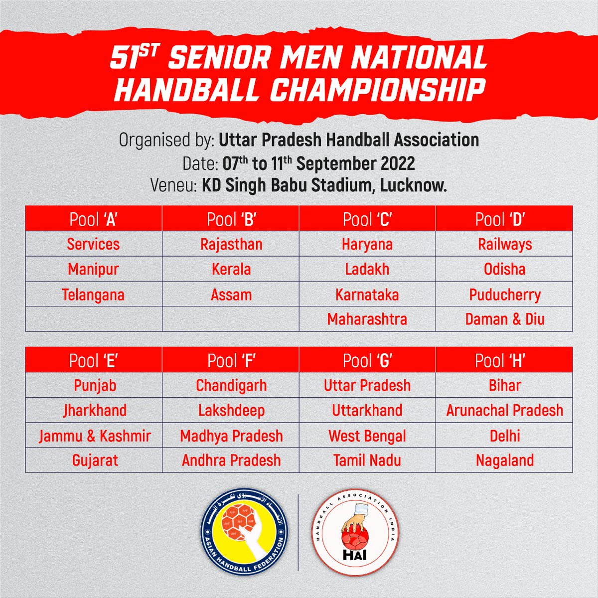 IndianHandball's tweet photo. A new chronicle of #IndianHandball!
The 51st Senior Men's #NationalHandball championship is organized by Uttar Pradesh Handball Association at K. D. Singh Babu Stadium, Lucknow held from 7th to 11th September 2022 with 30 teams participating across India
#handabllassociation https://t.co/cP03x96g8F