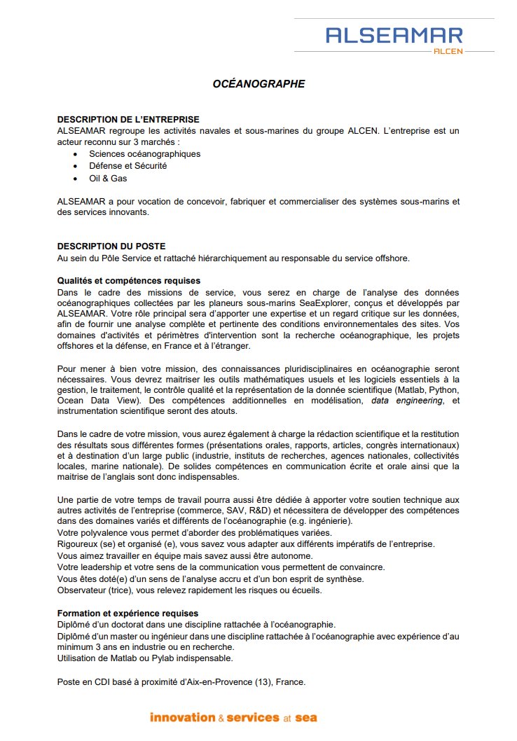 Are you an oceanographer interested in working with #oceangliders?
At <a href="/alseamar/">Alseamar</a> we've opened a position to work with the <a href="/SeaExplorerUUV/">SeaExplorer Glider</a>, within our glider survey service department!
The profile required is a PhD or MS with at least 3 years of experience in academia or industry.