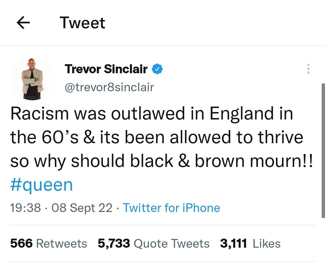 DarthAlcoholic's tweet photo. Trevor Sinclair. An actual racist.
Get rid @talkSPORT
#Trevor is a stupid name.
#SinclairOUT https://t.co/oIBvALHjxH