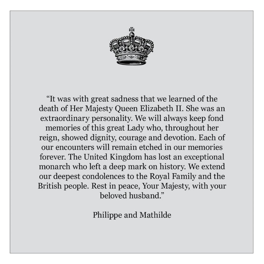 Message on behalf of the King and the Queen of the Belgians on the passing of Her Majesty Queen Elizabeth II.