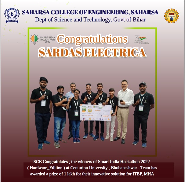 scesaharsa's tweet photo. SCE congratulates, the winners of Smart India Hackathon (Hardware edition)-22 at Centurion University , Bhubaneshwar. Team was also awarded a prize of 1 lakh for their innovative solution. 
#BiharScienceAndTechnologyDept
@sumit4chakai 
#aicte https://t.co/jJHFyLIWt4