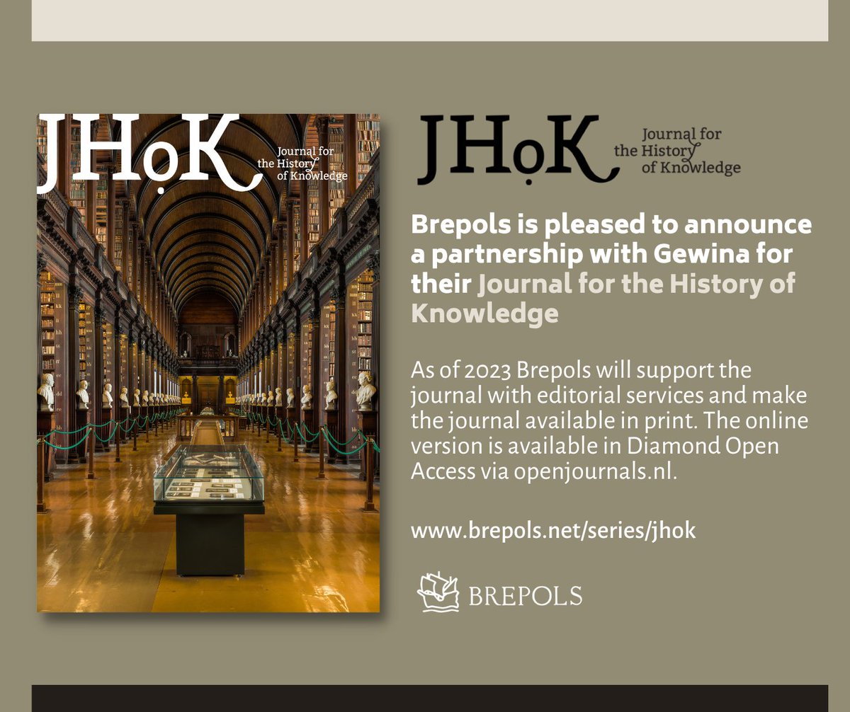 Brepols's tweet image. We are pleased to announce a partnership with @GewinaS for their &apos;Journal for the #HistoryofKnowledge&apos;. 
As of 2023, @Brepols will support the journal with editorial services and make the journal available in print.
More Info: brepols.net/series/jhok
#ESHS2022 #HistSci #HistSTM