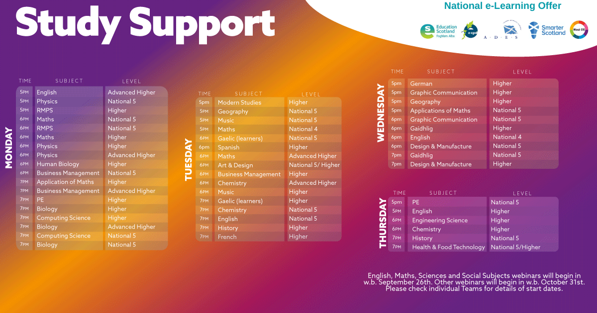 Registration is now open for e-Sgoil Study Support evening webinars! Simply visit e-sgoil.com/study-support/ sign into Glow and fill in the registration form. 24 subjects available, 50 webinars in total. All webinars are free and delivered by experienced, qualified teachers.
#NeLO