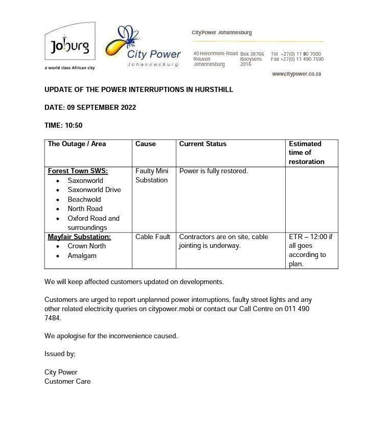 CityPowerJhb's tweet photo. #OutageUpdate #Hursthill
Kindly find an update on #ForestTown and #Mayfair below. ^NT https://t.co/ddOy7YzzuM