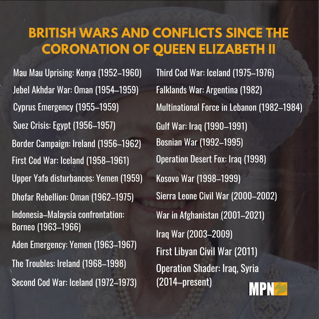 British wars and conflicts since the coronation of Queen Elizabeth II. 
#QueenElizabethII
#AbolishTheMonarchy