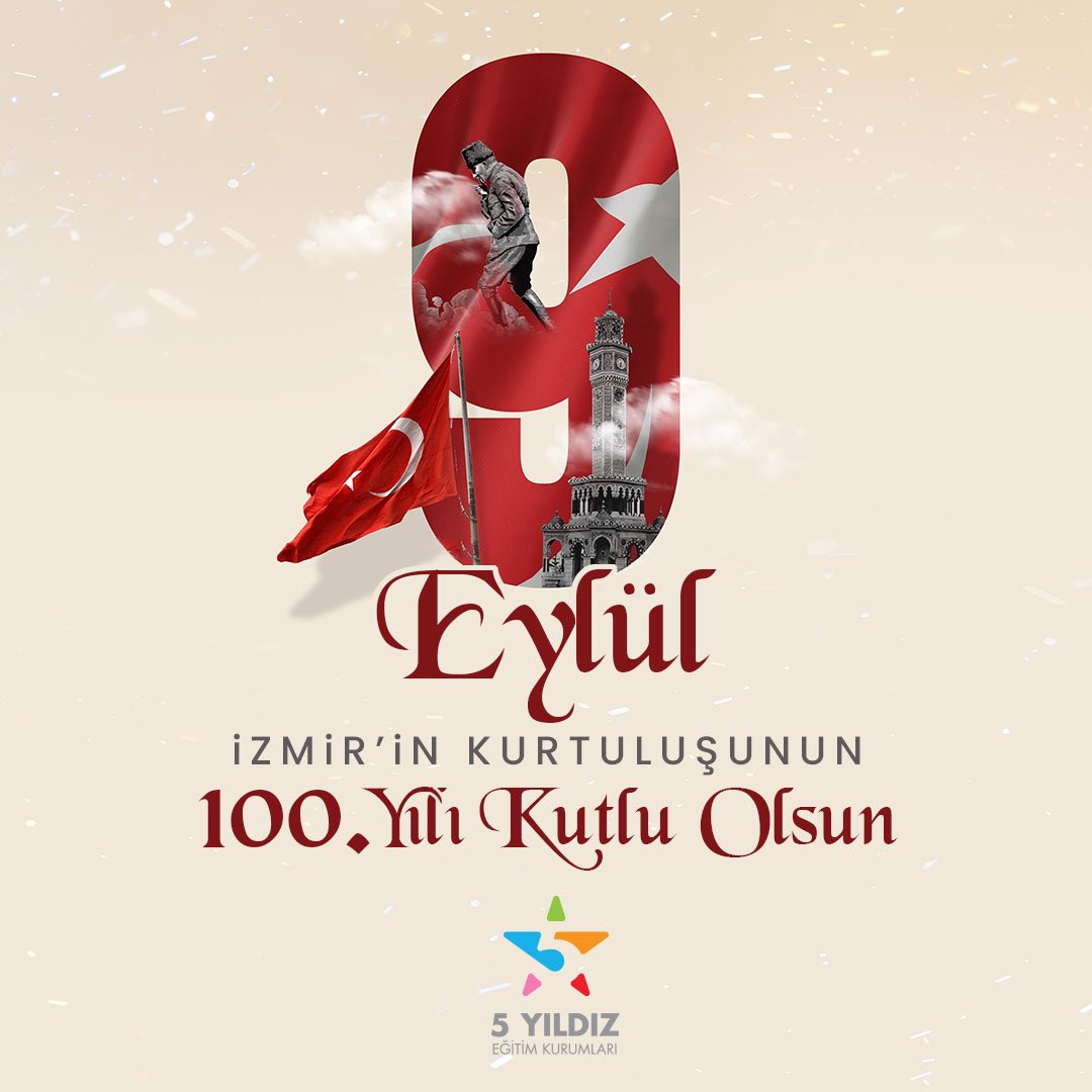 Ege'nin incisi İzmir’in düşman işgalinden kurtuluşunun 100. yıl dönümü kutlu olsun! 🇹🇷
Umudun, inancın ve özgürlüğün 100. yıl dönümünde başta Ulu Önder Mustafa Kemal Atatürk olmak üzere tüm şehitlerimizi rahmet ve saygıyla anıyoruz! 

#5YıldızEğitimKurumları #EğitimKurumu #9Eylül