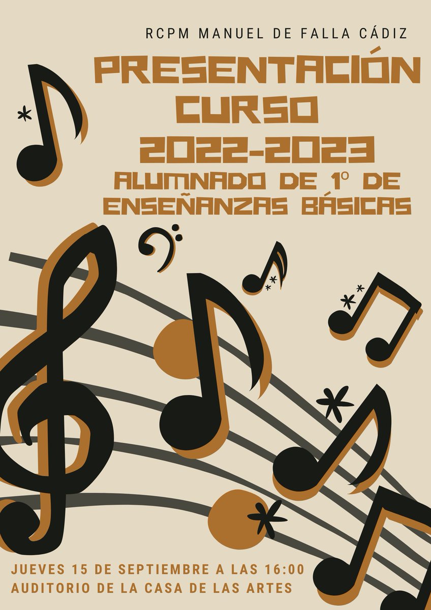 ALUMNADO DE 1º DE ENSEÑANZAS BÁSICAS
El jueves día 15 de septiembre habrá un acto de presentación del curso en el auditorio. Es importante que acudáis, porque os explicaremos el funcionamiento del conservatorio y tutores y tutoras os acompañarán a vuestras aulas.