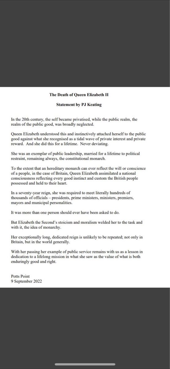 MichaelSpring17's tweet image. Paul Keating has such a brilliant mind and his written words of respect and condolences for the passing of the Queen not only reflect his brilliant mind, they are also an exemplar as to how people should act at this time, including those of us who wish for an Australian republic.