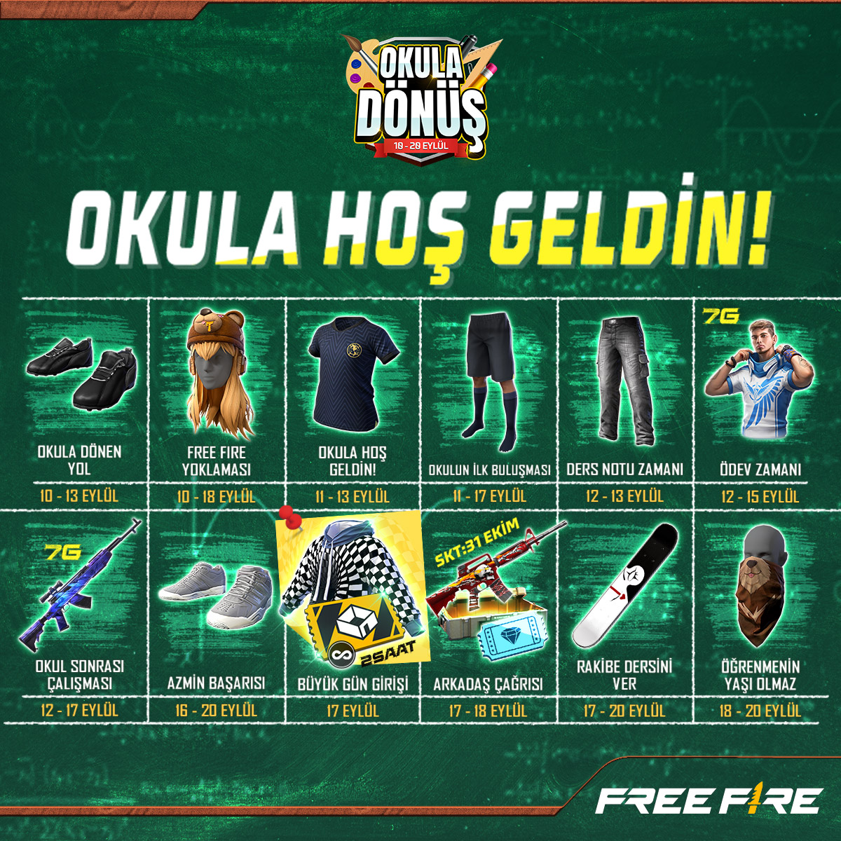 Okula Dönüşe Hoş Geldin!! ~ 🥰 
Eşyaları kontrol et, tarihleri işaretle!!

Eşyaların hepsi parti için hazırlandı 🎊

⏳ 10 - 20 Eylül 2022

#GarenaFreeFire #FreeFireTürkiye
#OkulaDönüş