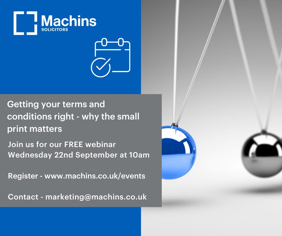 MachinsLaw's tweet photo. If you are a business owner it's essential to have a clear set of terms &amp; conditions in place. Join our webinar on 22 September where @Liddiard_Sarah @HollyBakerLaw  will be outlining what businesses need to do to have a well drafted set of Ts&amp;Cs in place https://t.co/RZi2Iveb2O https://t.co/hPECPK9WNI